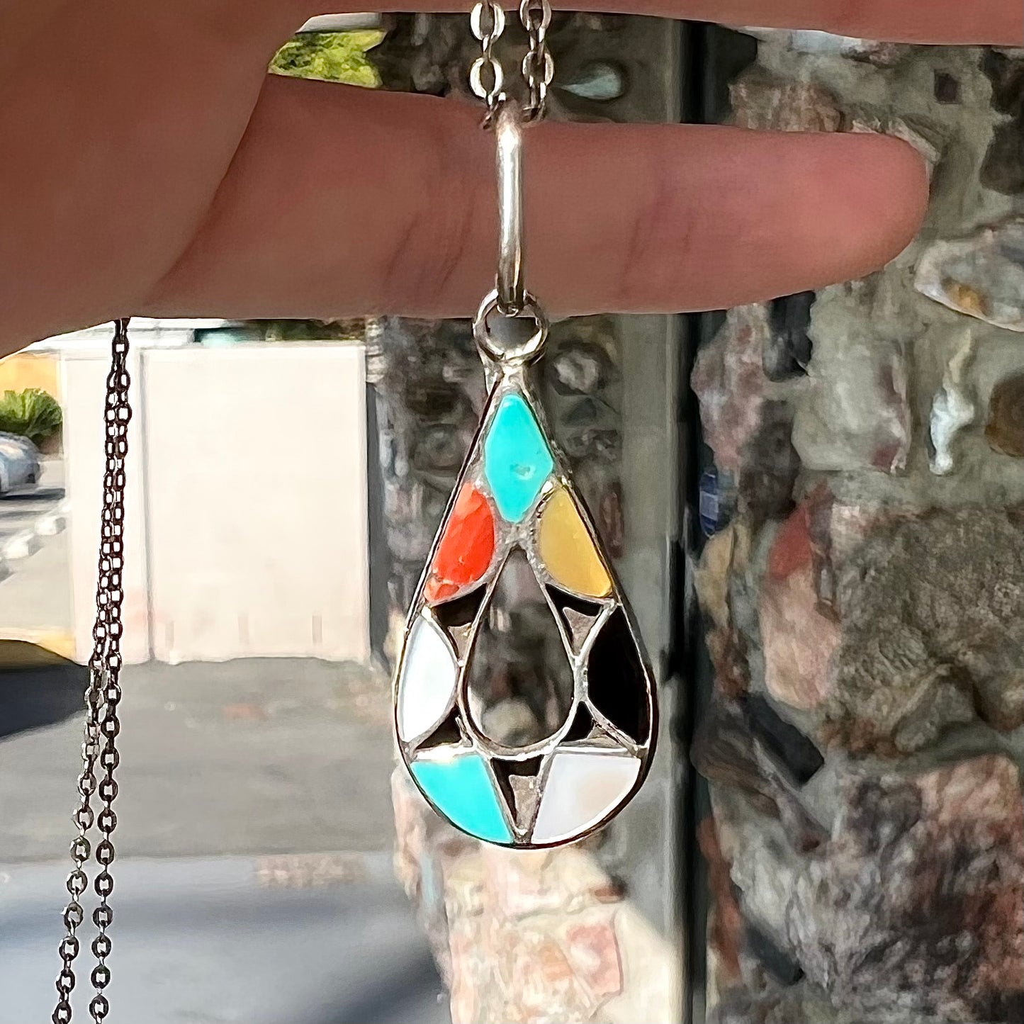 Zuni Stone Inlay Pendant | Sterling Silver | Vintage c.1960's
