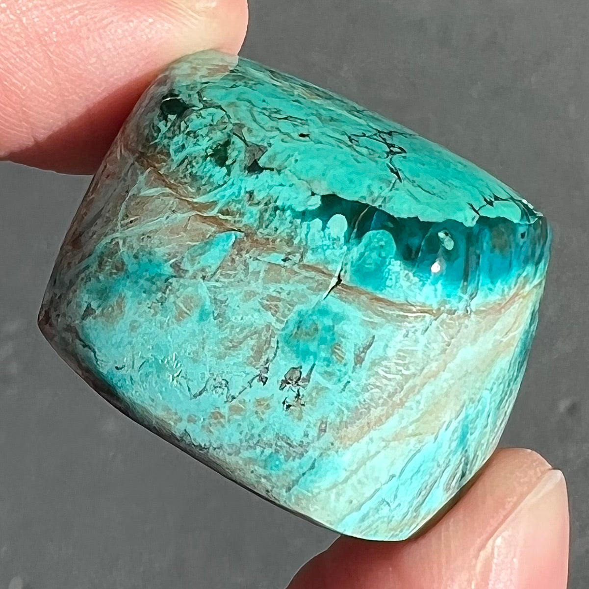 A loose, polished turquoise specimen with azurite inclusions.