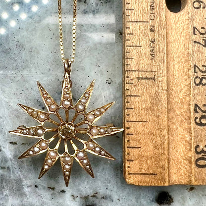 Victorian Diamond & Pearl Starburst Brooch | 14kt | Antique c.1800's