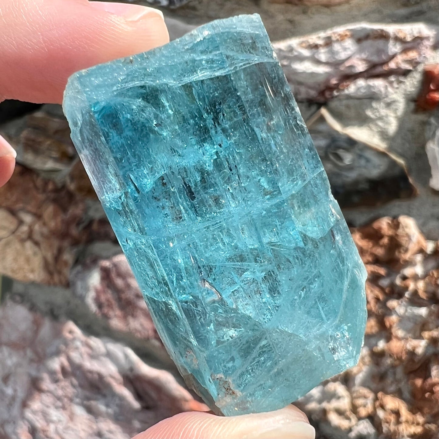 A six sided, natural blue aquamarine crystal from Vietnam.