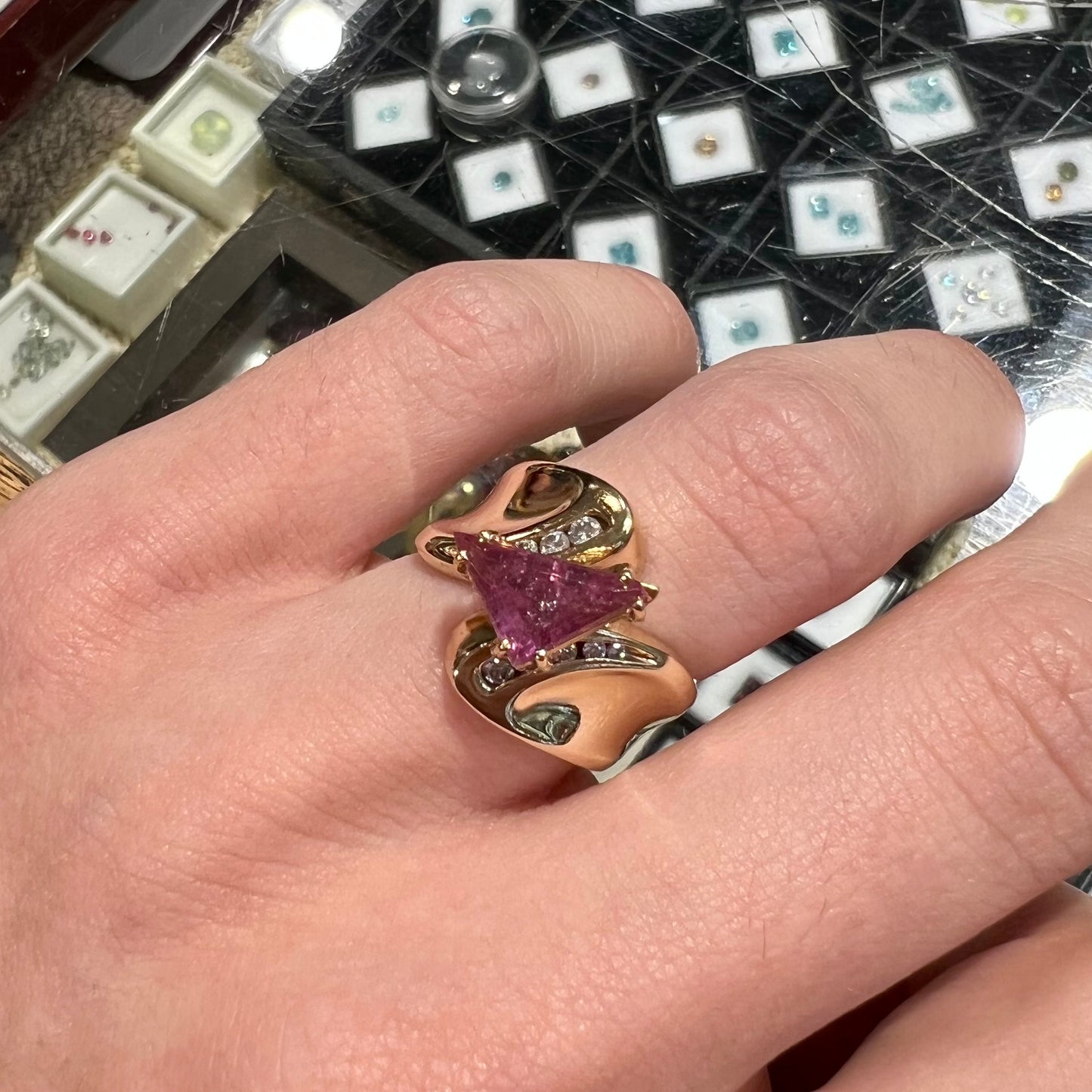 An estate yellow gold and diamond triangle cut Pala pink tourmaline ladies' ring.