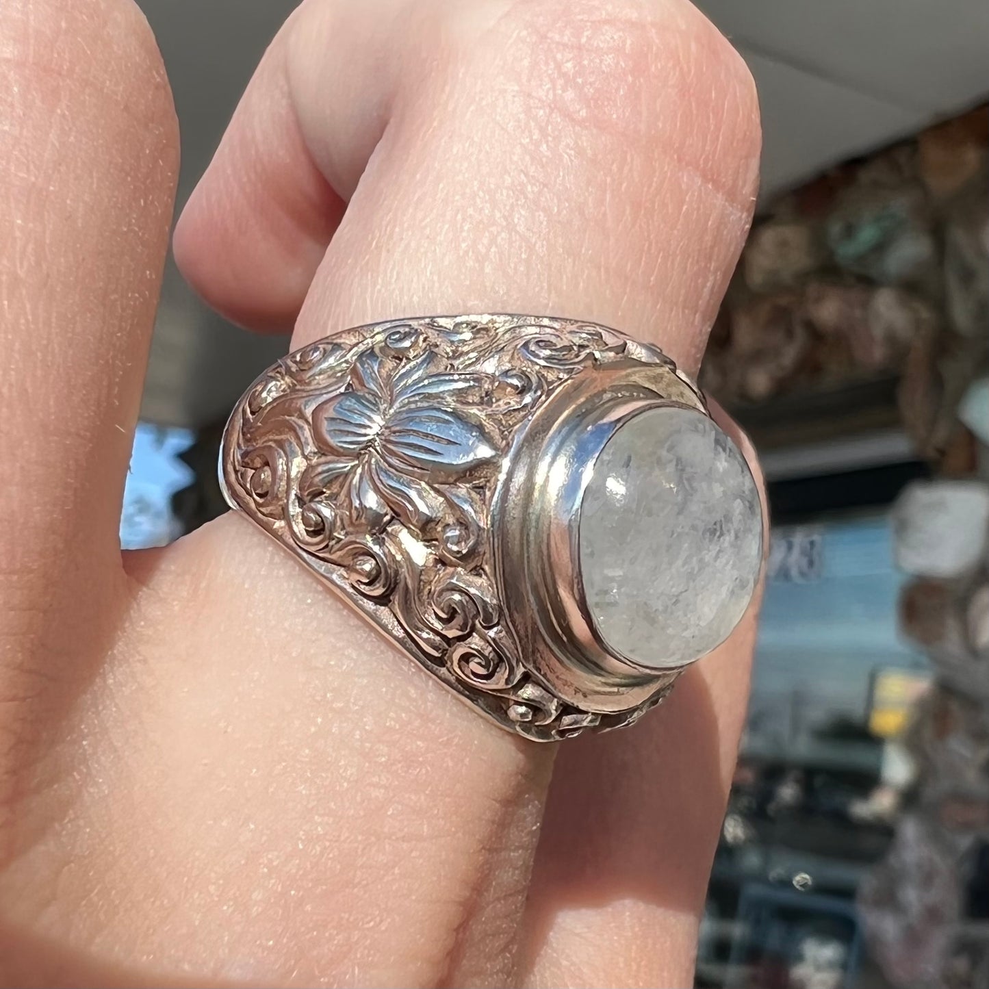 Unisex Moonstone Scroll Ring | Sterling Silver | Estate