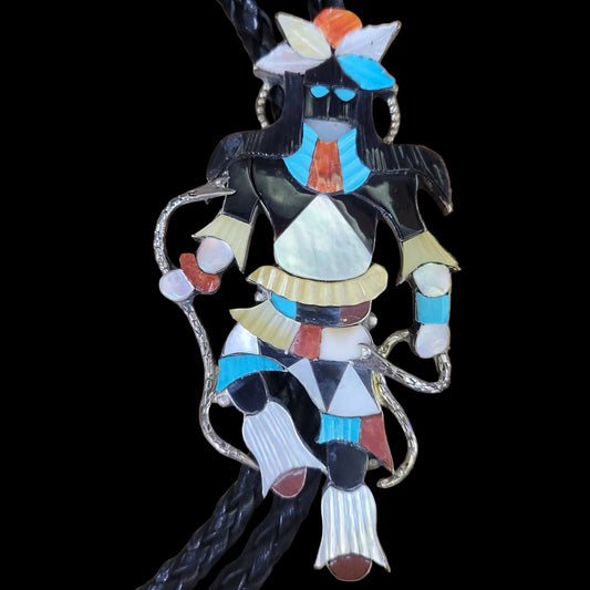 Zuni | Artist Jonathan Beyuka | Snake Dancer Inlay Bolo Tie | Sterling Silver