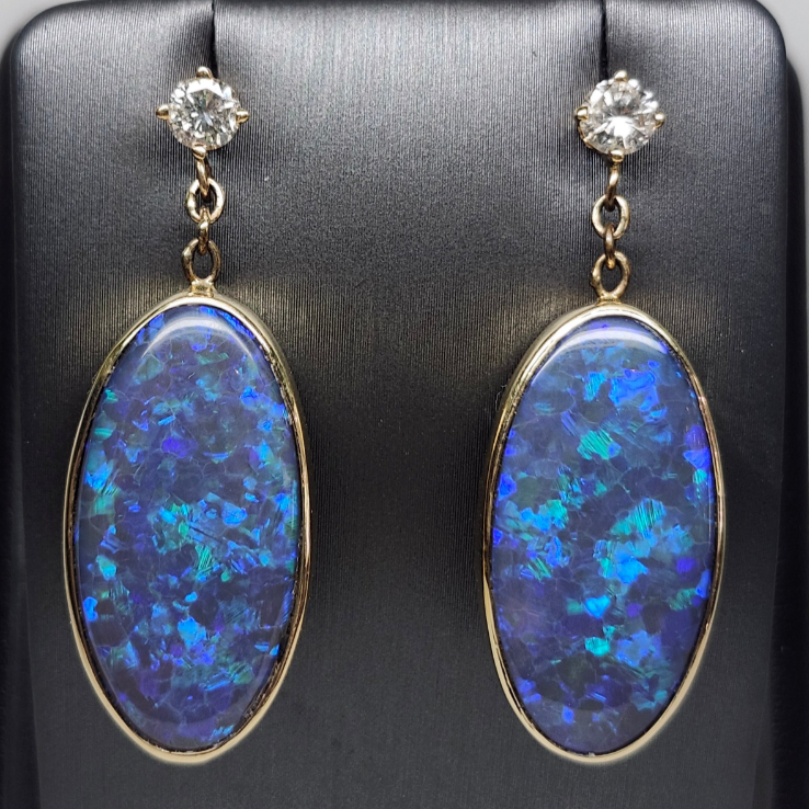 Midnight Fire | Lightning Ridge Black Crystal Opal Dangle Earrings | 14kt Gold