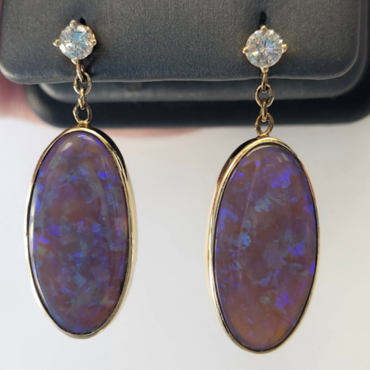 Midnight Fire | Lightning Ridge Black Crystal Opal Dangle Earrings | 14kt Gold