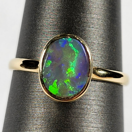 Sola | Australian Black Crystal Opal Ring | 14kt Yellow Gold