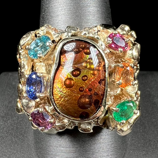 Men's Nugget Style Mexican Fire Agate & Diamond Statement Ring + Modification | 14kt Gold