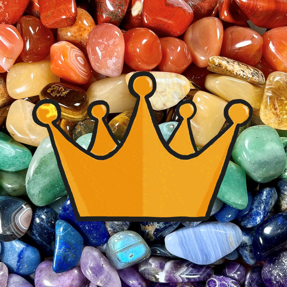 A crown logo over a rainbow of natural tumbled stones.