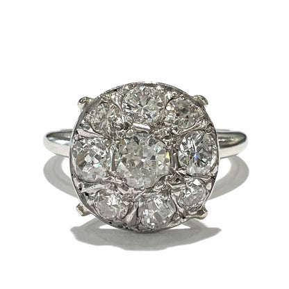 Edwardian Euro Cut Diamond Cluster Ring in 14kt White Gold, c.1910's