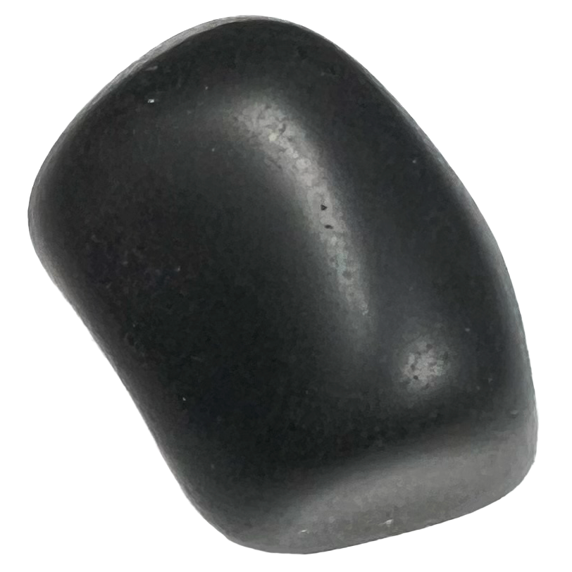 A tumbled natural obsidian glass stone, also referred to as "Apache tear."  The stone is black with a waxy luster.