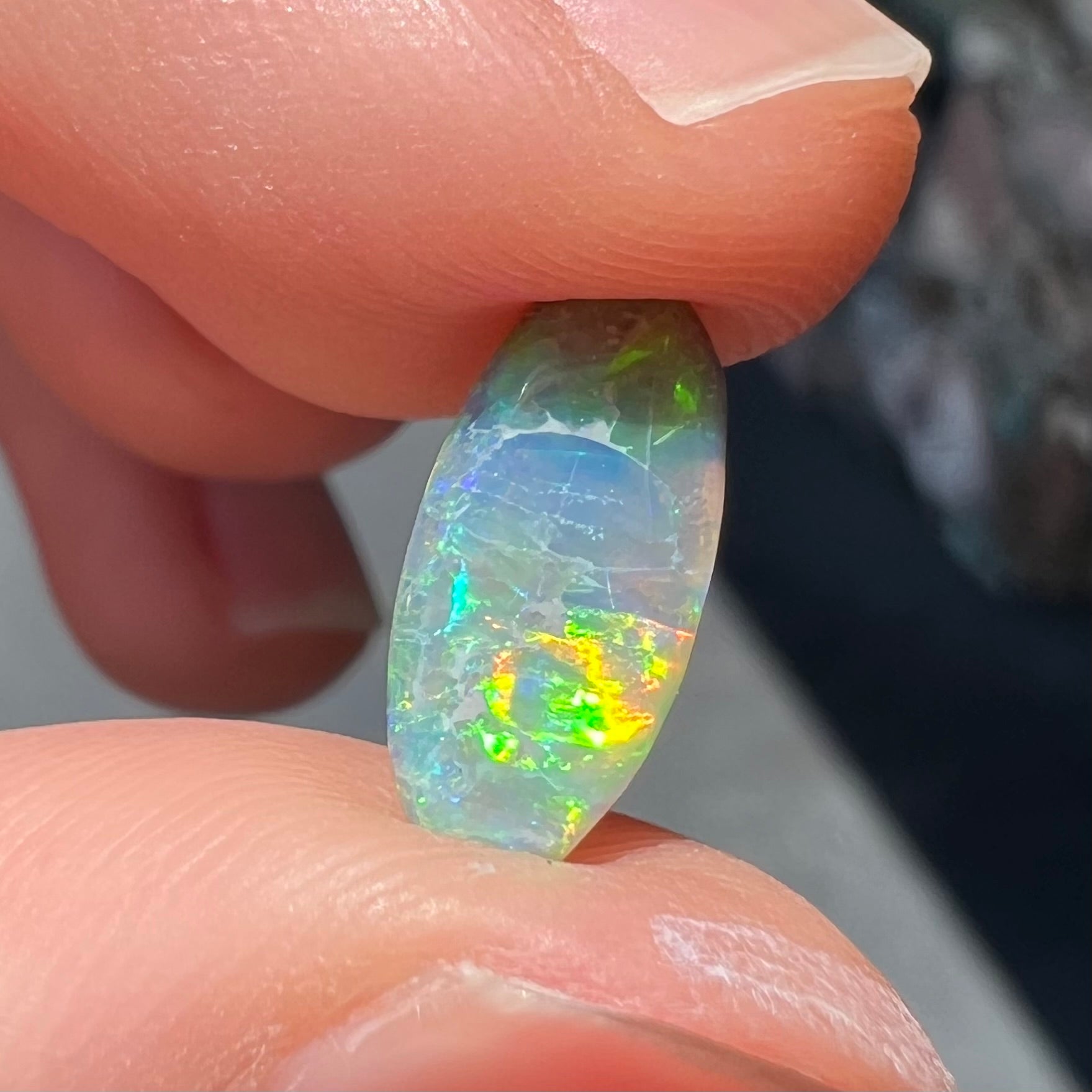 A loose, oval cabochon cut semi-black opal from Lightning Ridge, Australia.  The opal plays green and orange colors.