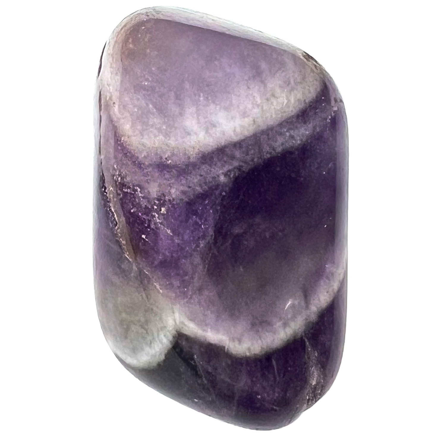 A tumbled banded amethyst stone.  The stone is dark purple with white banded stripes.