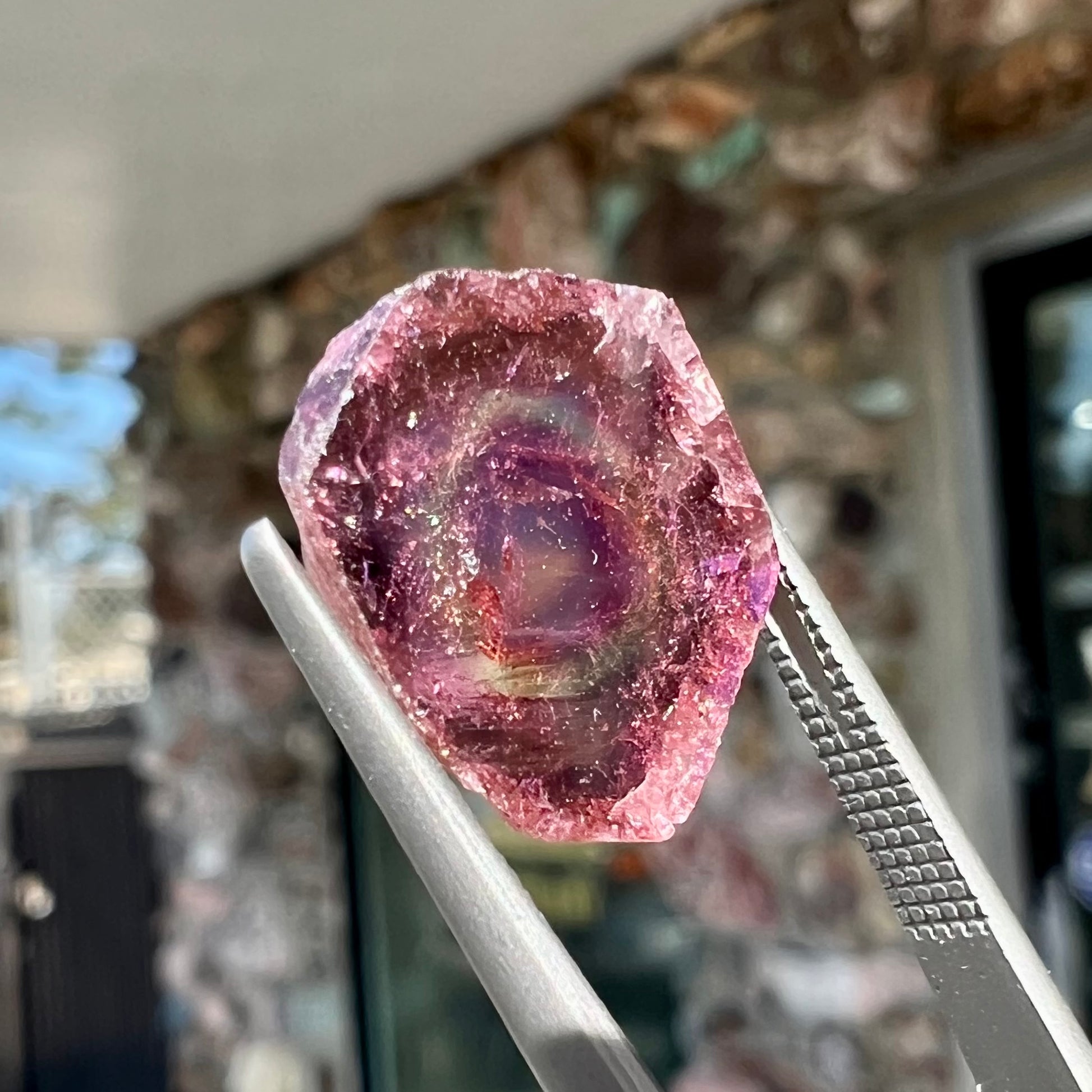 A polished bicolor pink tourmaline crystal slice.