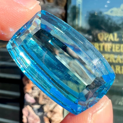 A large, loose Swiss blue topaz gemstone.