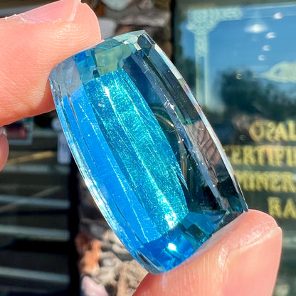 A large, loose Swiss blue topaz gemstone.