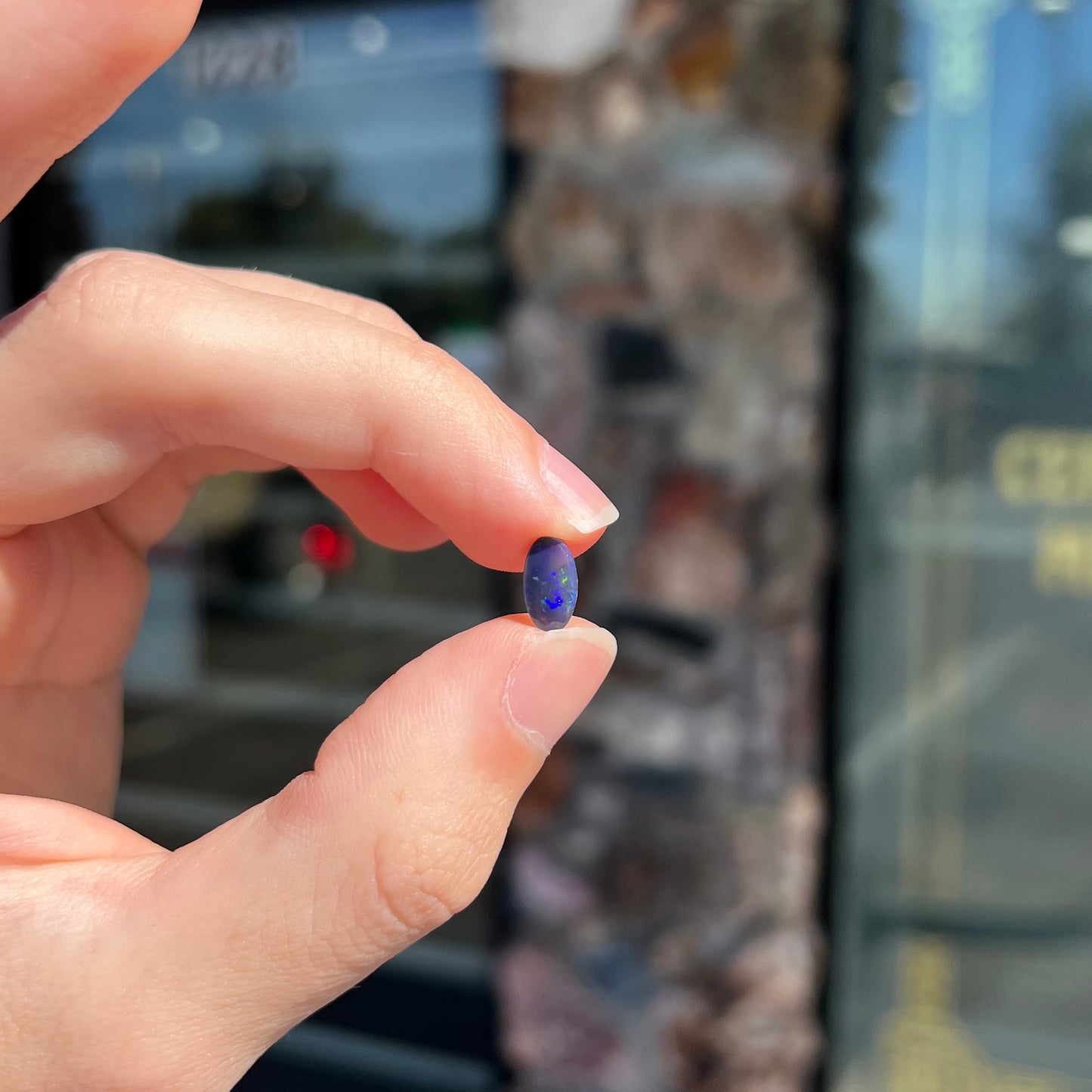 A loose, oval cabochon cut black opal stone from Lightning Ridge, Australia.  The opal has blue color play.