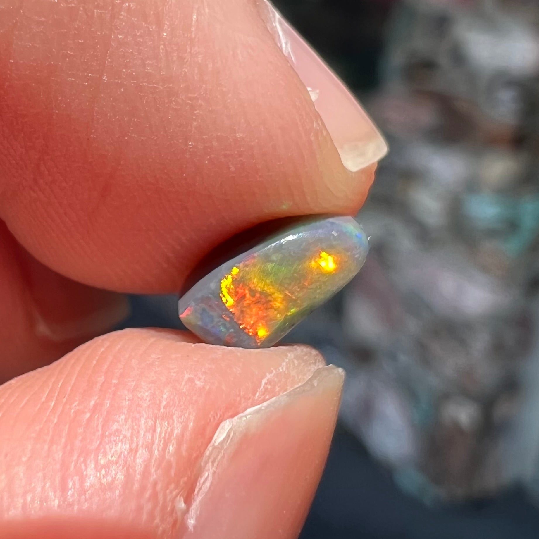 A freeform shaped black opal stone from Lightning Ridge, Australia.