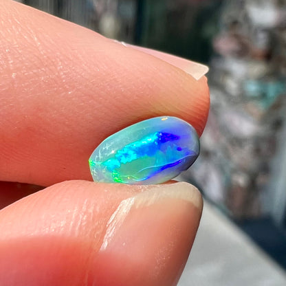 A loose, pill shaped black opal stone from Lightning Ridge, Australia.  The opal is green and blue.