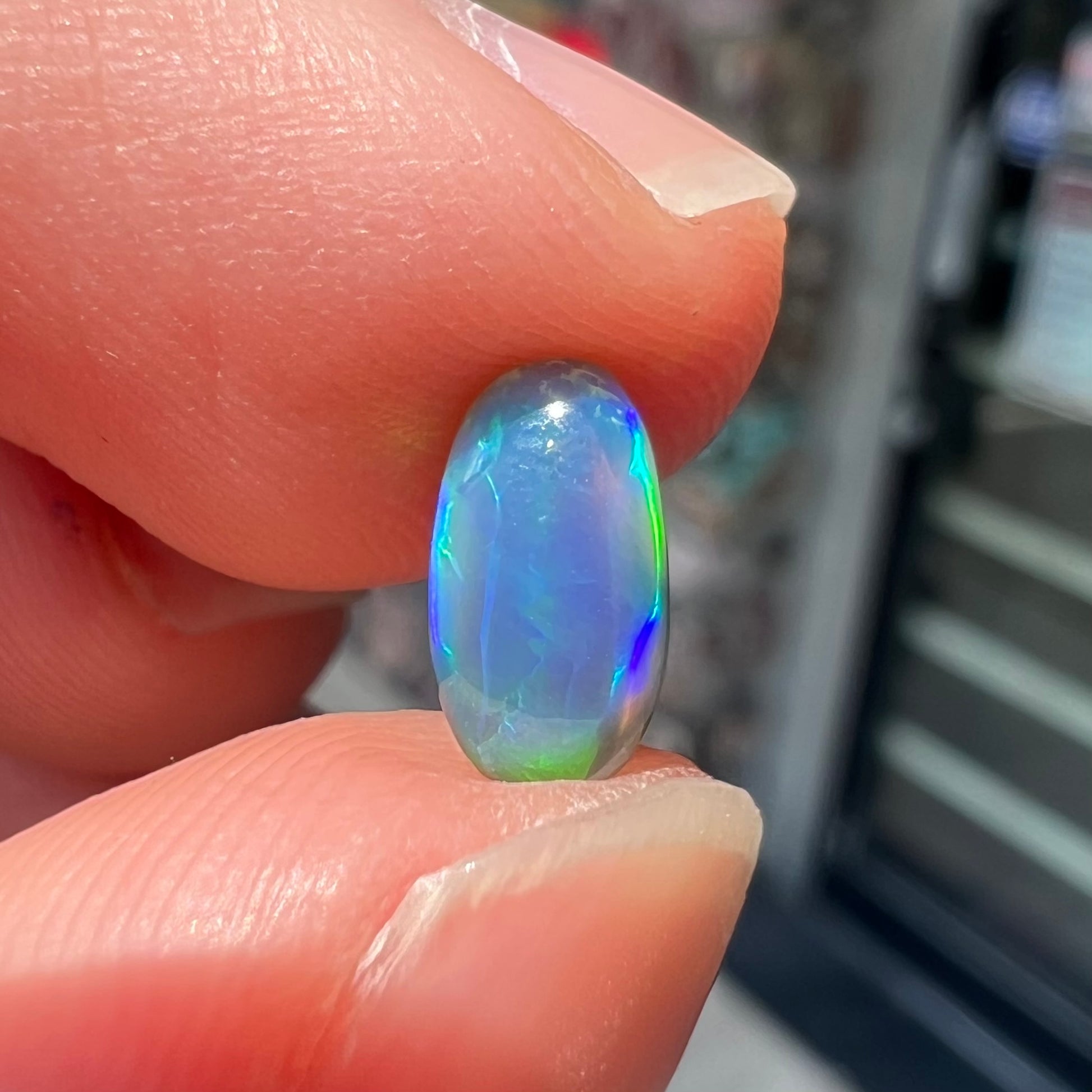 A loose, pill shaped black opal stone from Lightning Ridge, Australia.  The opal is green and blue.