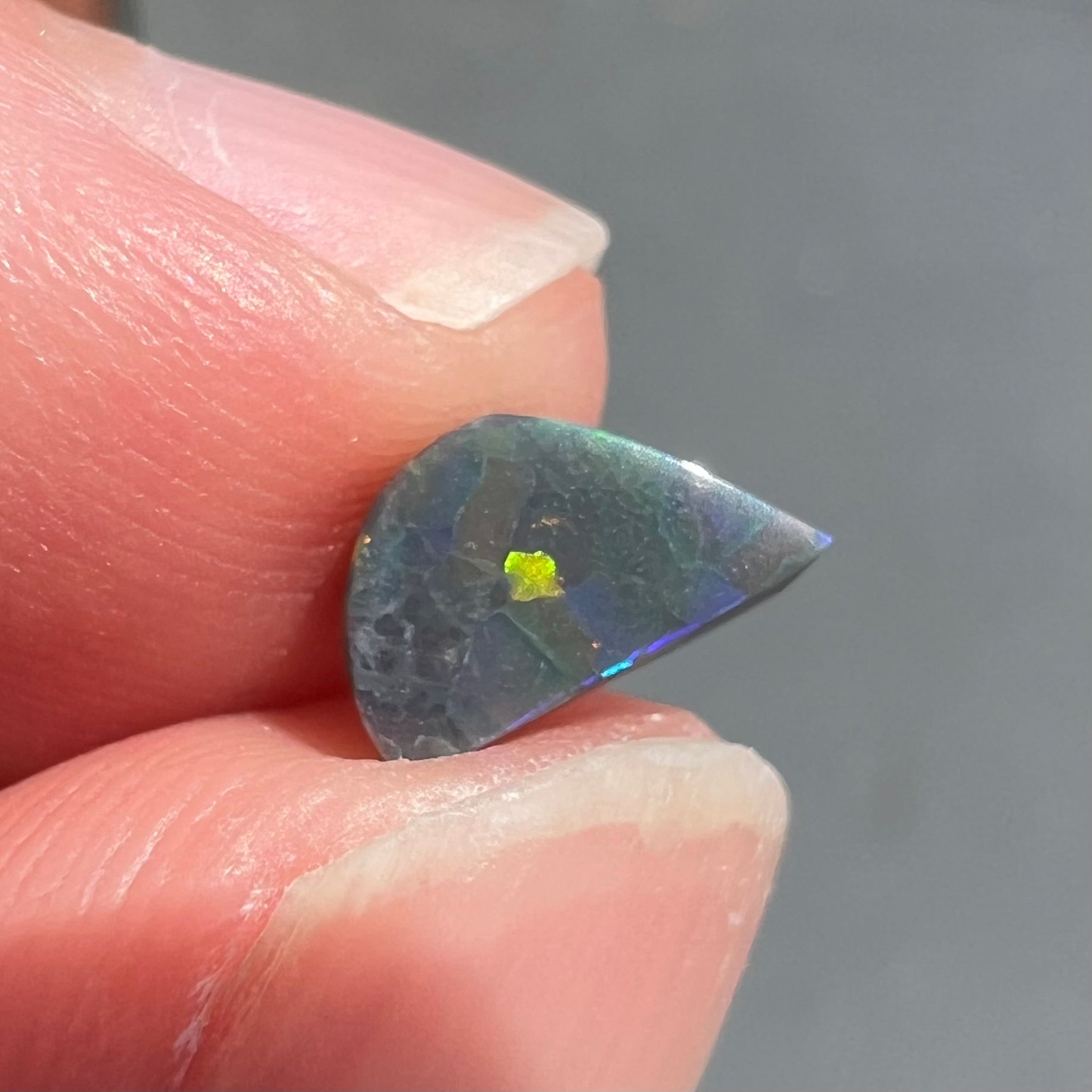 A loose, freeform cut black opal stone from Lightning Ridge, Australia.  The opal shines bright orange colors.