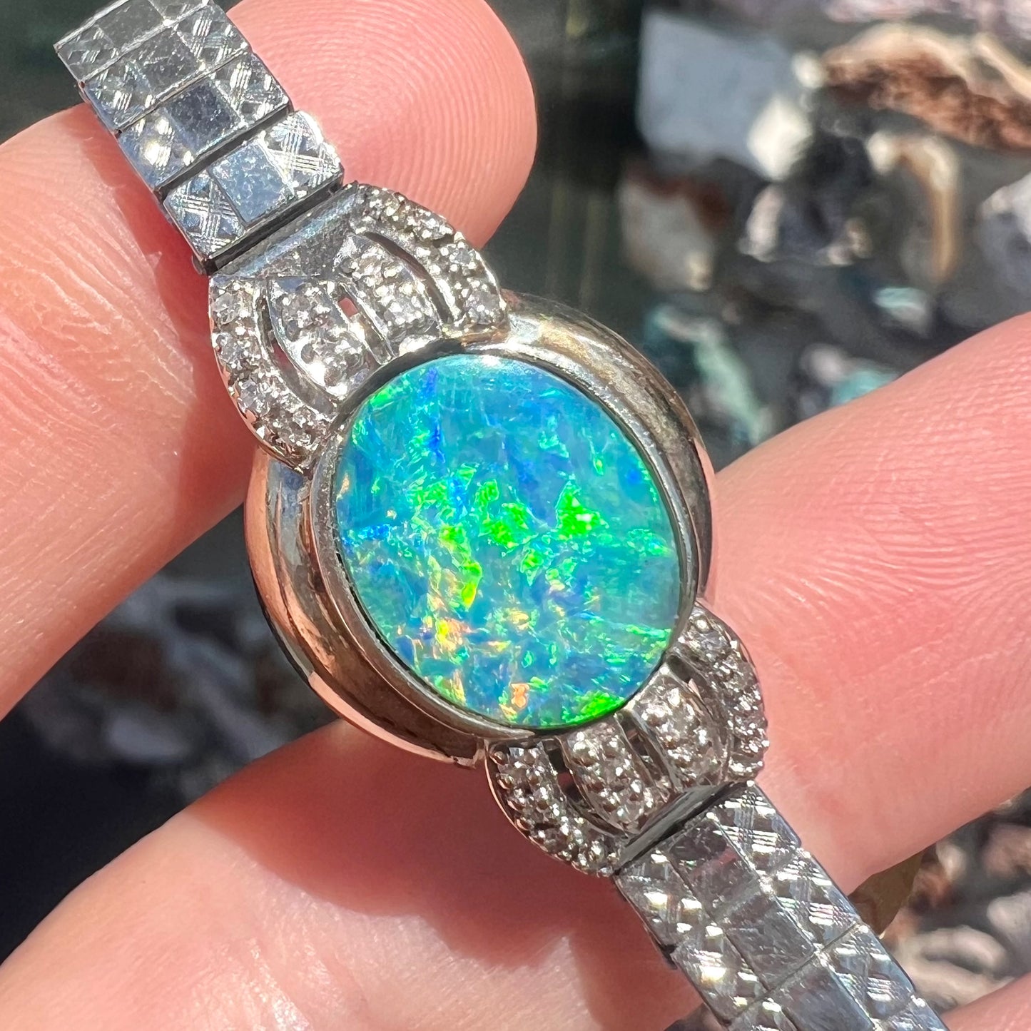 Miss Ruthie | Vintage 1940's Black Opal Doublet & Diamond Bracelet in 14kt White Gold