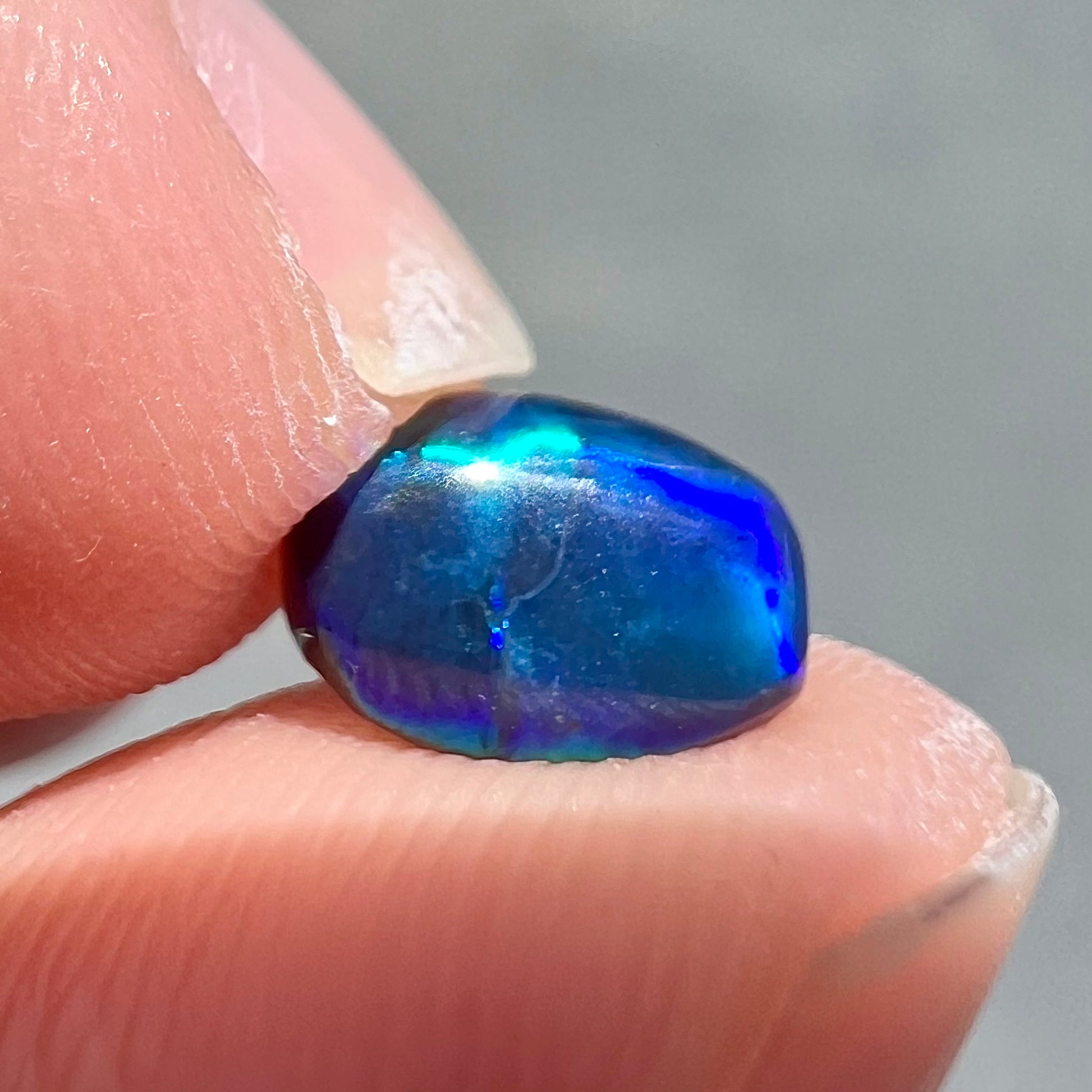 A loose black opal from Lightning Ridge, Australia.  The opal displays a blue cat's eye pattern.