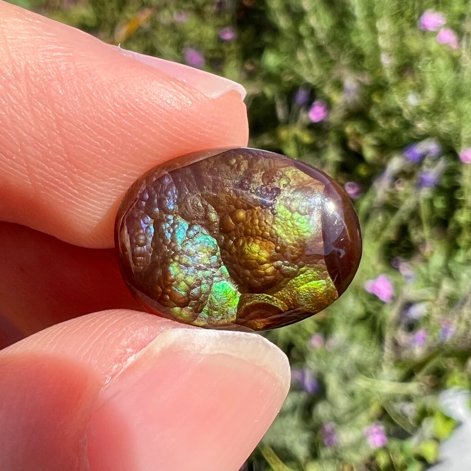 A loose, oval cabochon cut Mexican fire agate.  The stone is predominantly green, teal, blue, and purple.