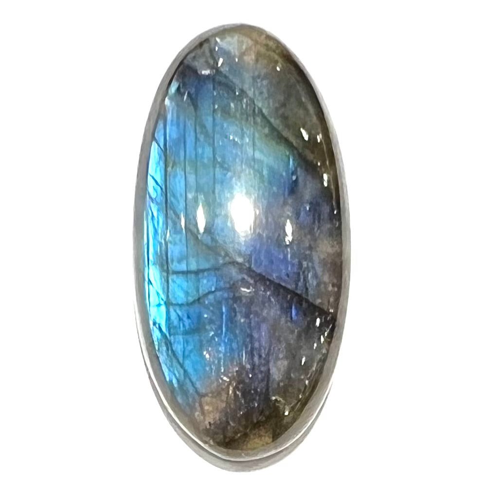 A loose, oval cabochon cut labradorite feldspar stone.  The labradorite has a blue sheen.