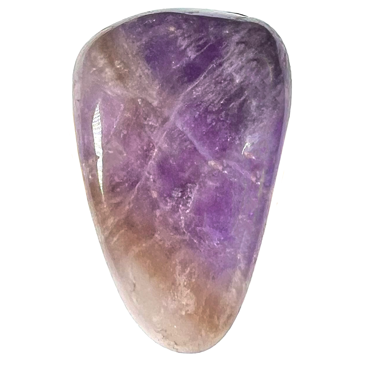 A tumbled Brandberg amethyst stone.  The stone is purple amethyst with inclusions of white quartz and yellowish brown smoky quartz.