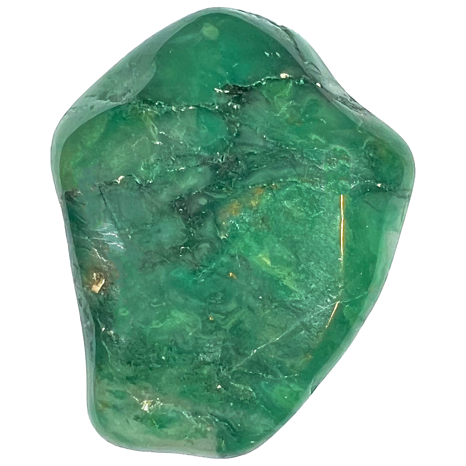 A green streaked tumbled stone.  The stone is dark, light, and medium green in darkness throughout.