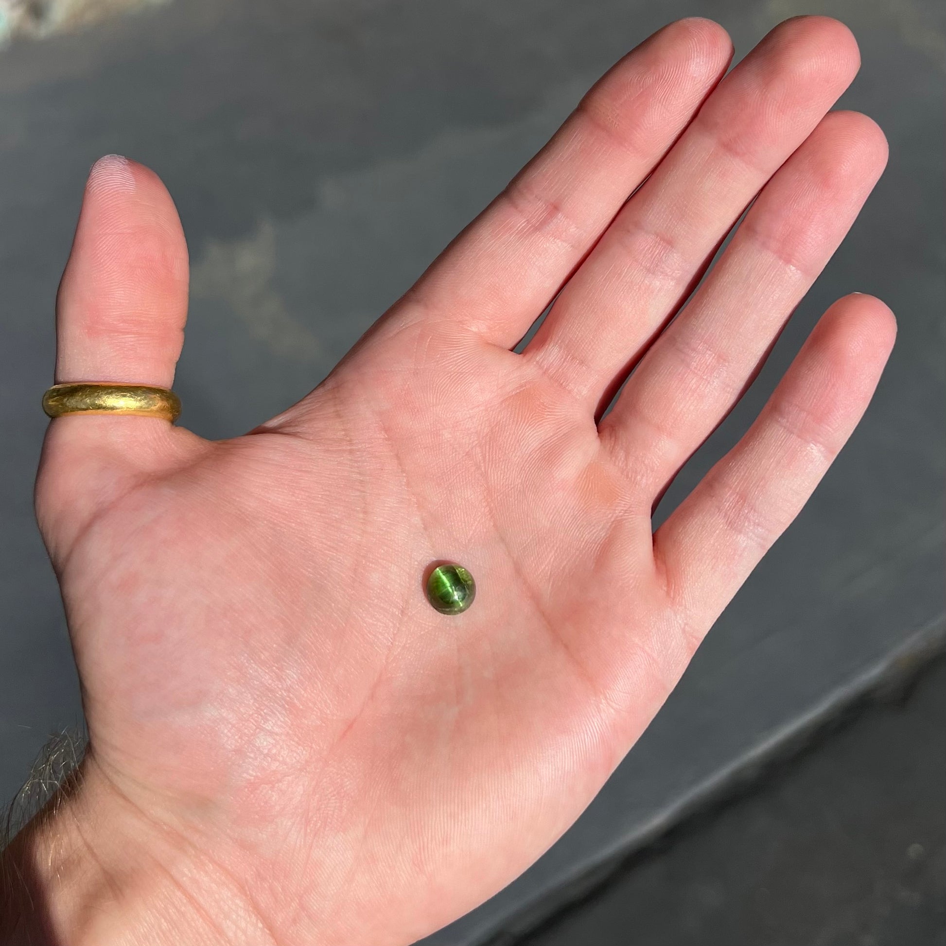 A loose, round cabochon cut green tourmaline stone that displays a cat's eye phenomenon.