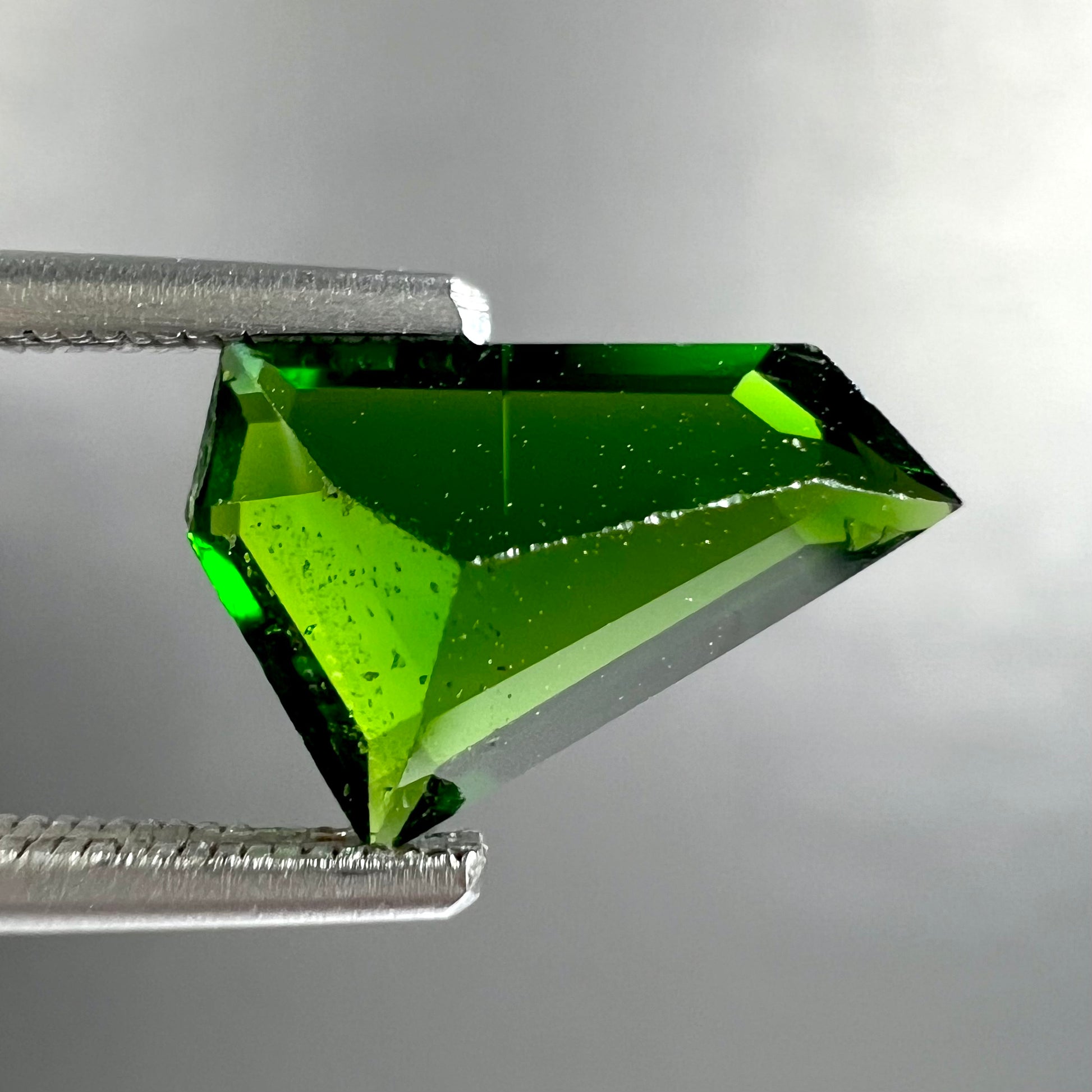 A freeform shield cut chrome diopside gemstone.