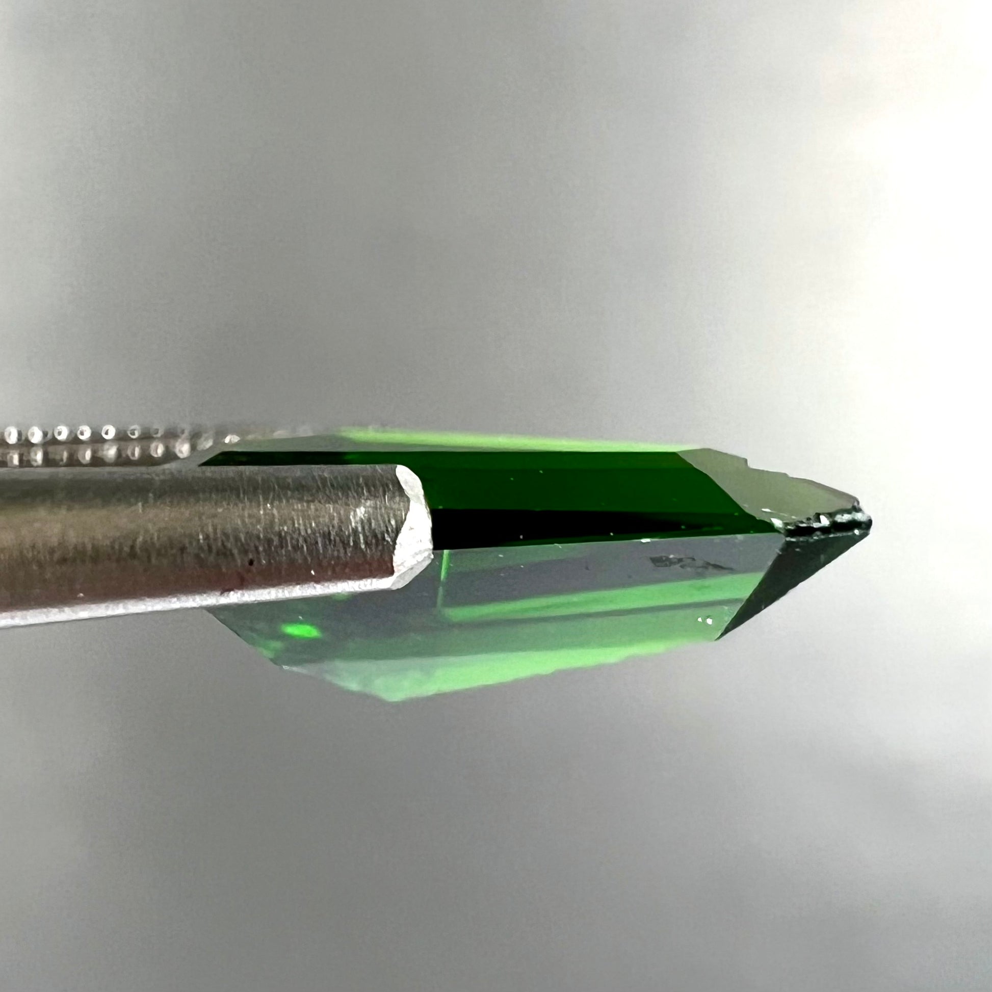 A freeform shield cut chrome diopside gemstone.