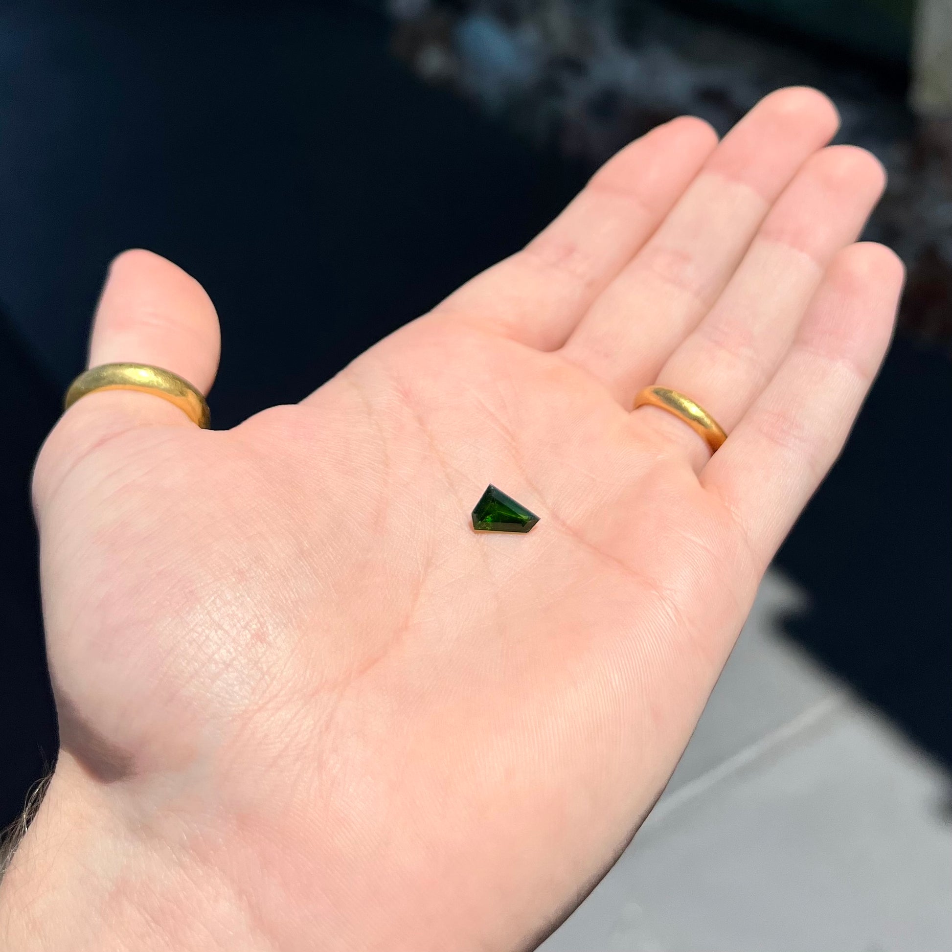 A freeform shield cut chrome diopside gemstone.