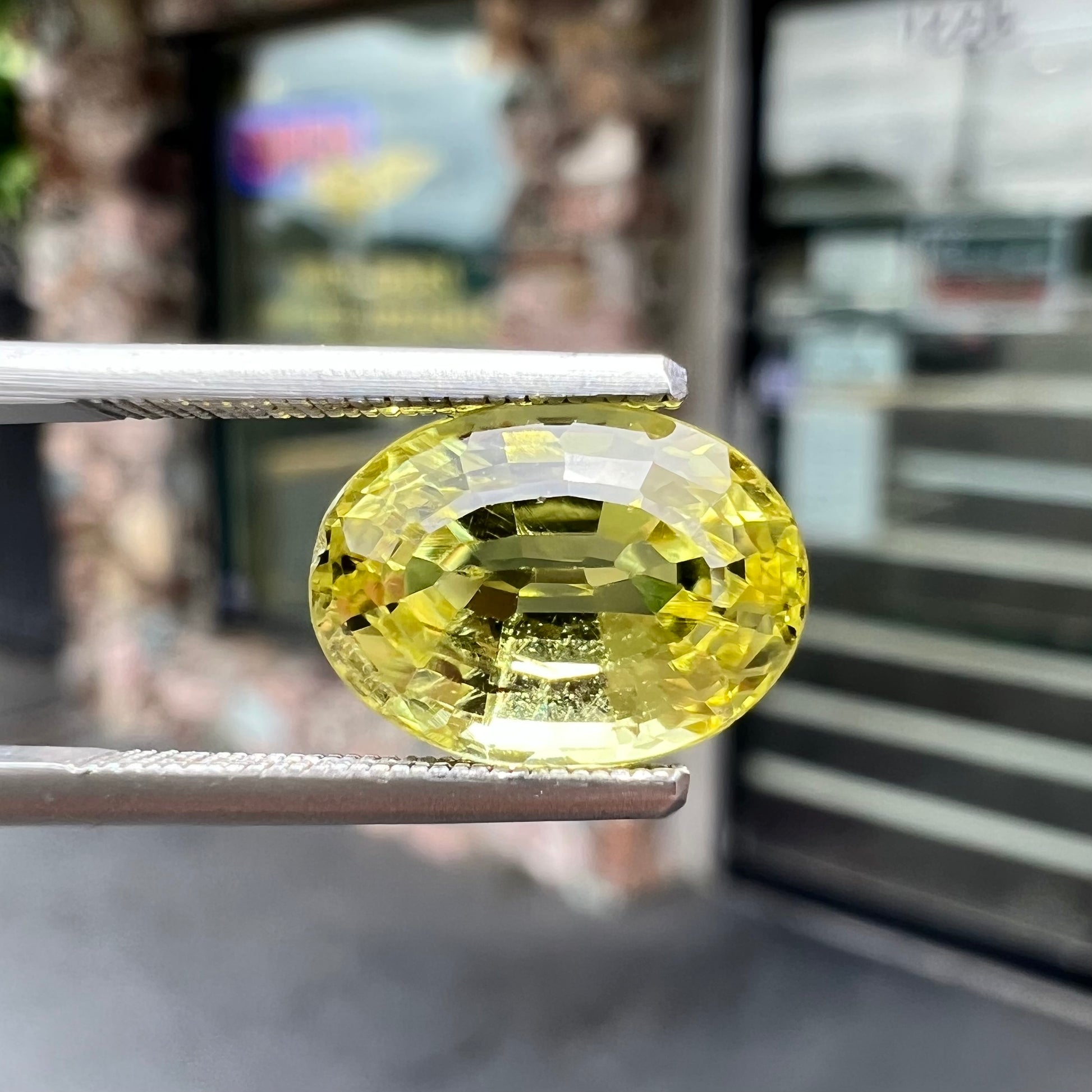 A loose, oval cut greenish yellow chrysoberyl stone.