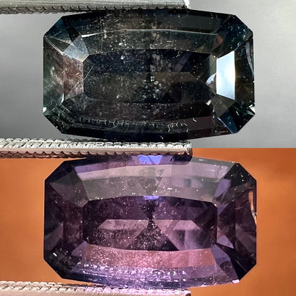 A loose, modified emerald cut, natural color change sapphire stone.  The stone shifts from black to blue to purple to green.