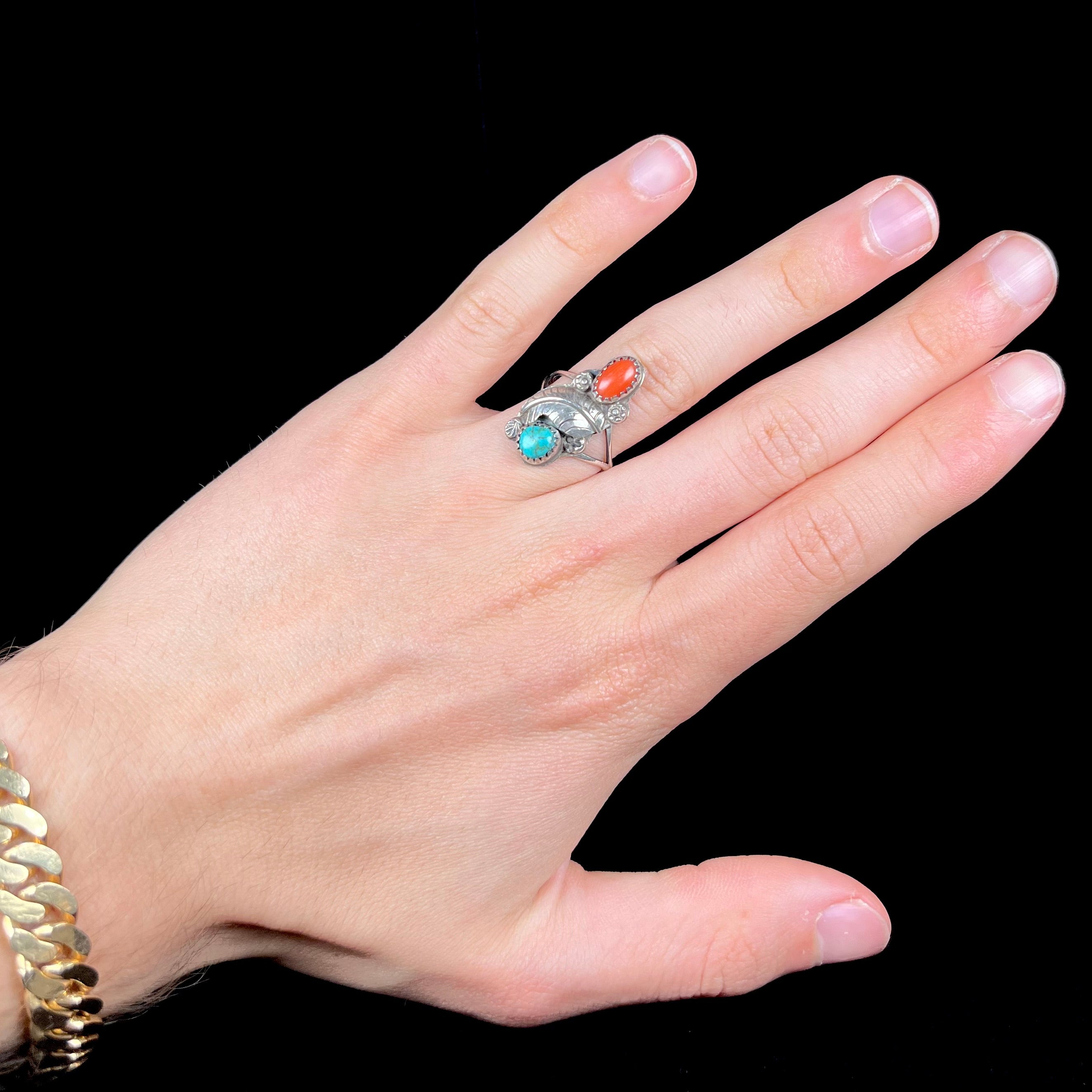 Navajo Turquoise & Coral Ring in Sterling Silver, c.1970's