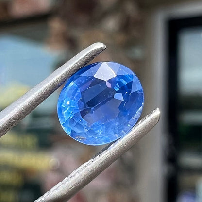 A loose, faceted oval cut natural blue sapphire.  The color is a dark cornflower blue.