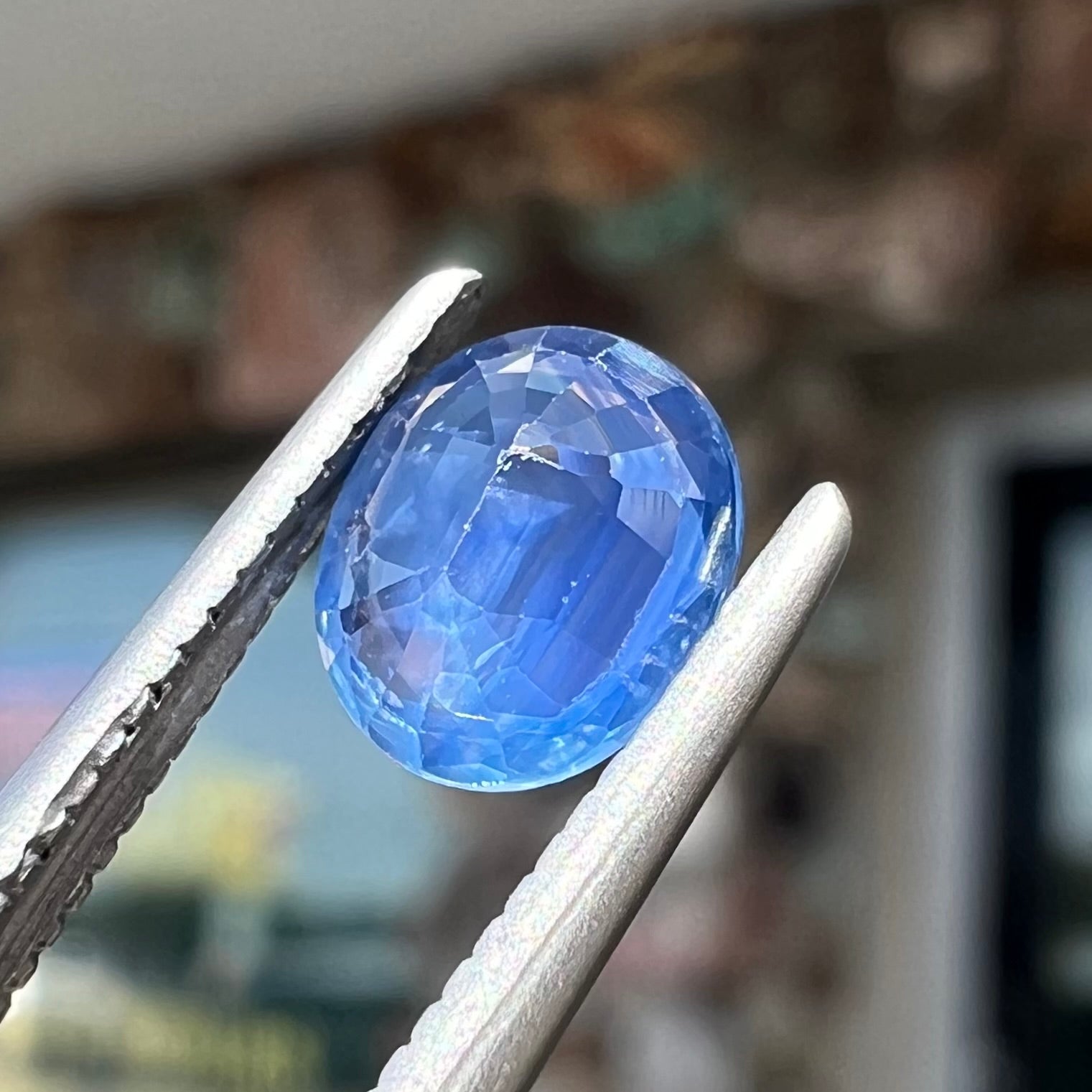 A loose, faceted oval cut natural blue sapphire.  The color is a dark cornflower blue.