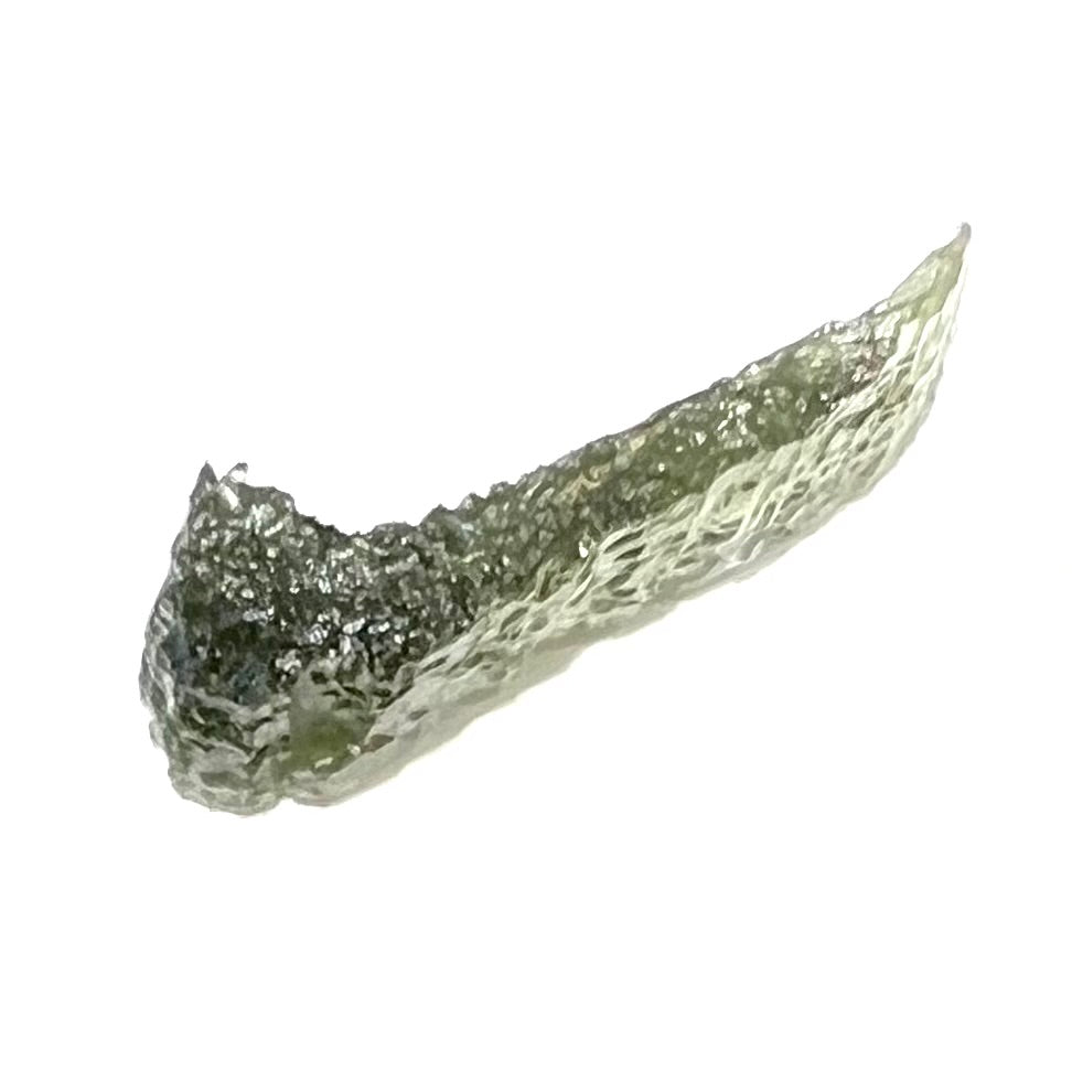 A natural, rough moldavite crystal.  The stone is shaped like the Nike Swoosh logo.