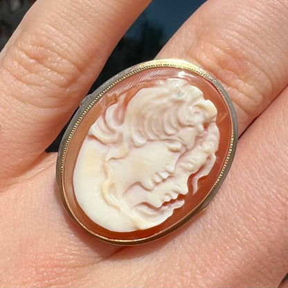 A ladies' vintage cameo solitaire ring in yellow gold.  The cameo is carved from shell and depicts the side profile of two womens' faces.