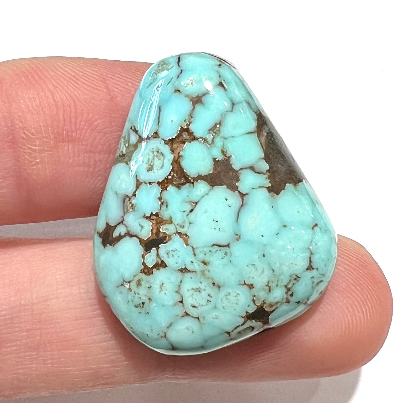 A loose, triangular drop shape Dry Creek turquoise stone.