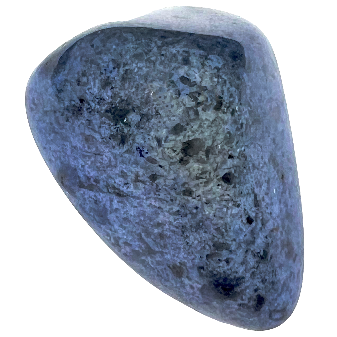 A tumbled dumortierite stone.  The stone is dark violet blue with black spots.