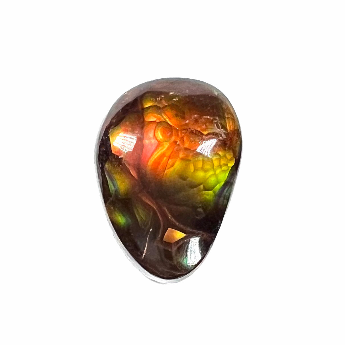 A loose, pear shaped fire agate stone from Northern Mexico.  The stone is red and green with blue banding.