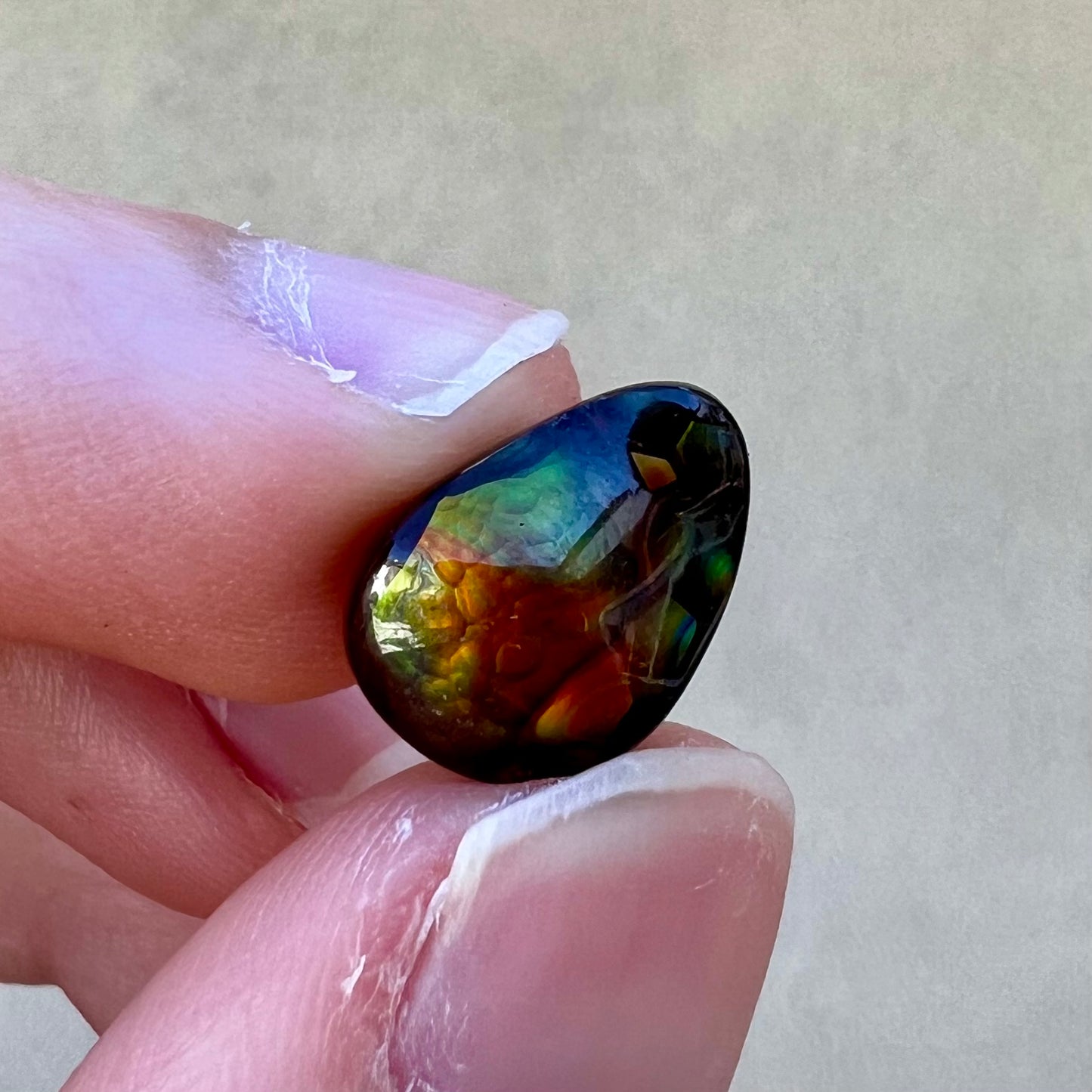 A loose, pear shaped fire agate stone from Northern Mexico.  The stone is red and green with blue banding.