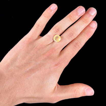 A loose, round faceted Mexican fire opal gemstone.  The stone is transluscent light orange color with rainbow play of color in the sunlight.