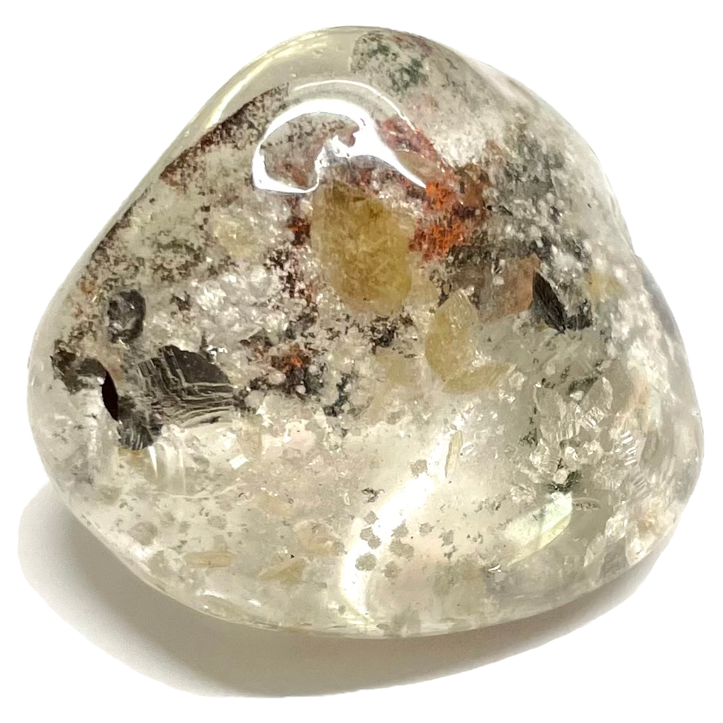 A tumble polished piece of garden quartz.  The stone is clear with many different crystalline inclusions.