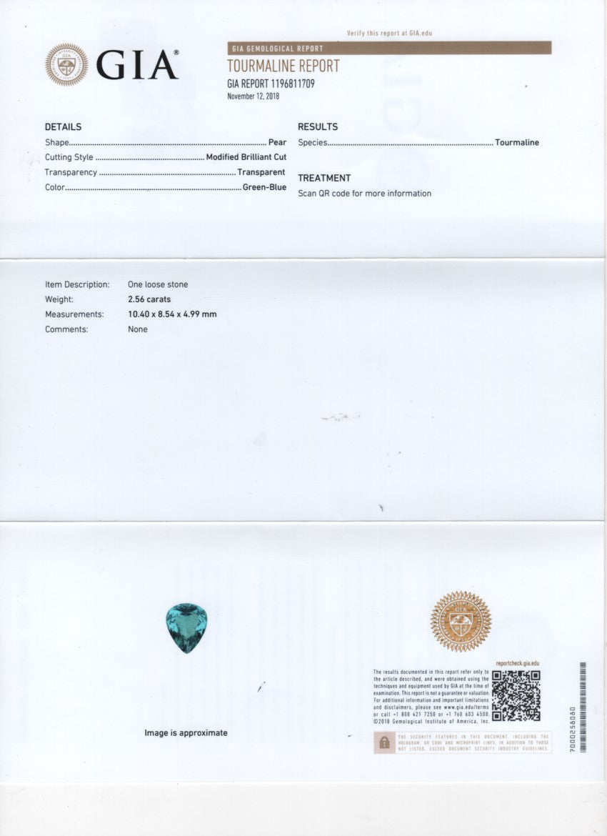 A GIA certificate certifying a blue indicolite tourmaline.