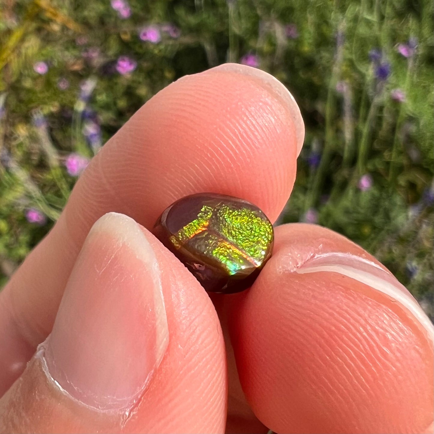 A loose, pear shaped Mexican fire agate cabochon.  The stone is glittery green with an orange streak.