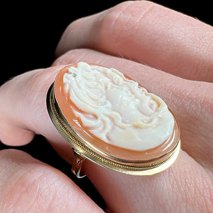 A ladies' vintage cameo solitaire ring in yellow gold.  The cameo is carved from shell and depicts the side profile of two womens' faces.